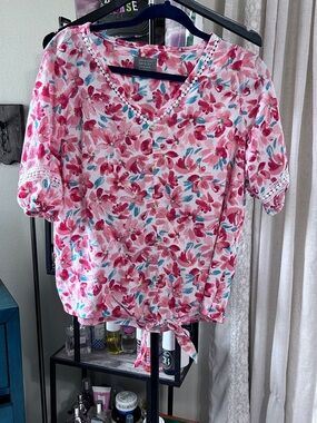 Pink Floral Tie-Hem Button Front Top